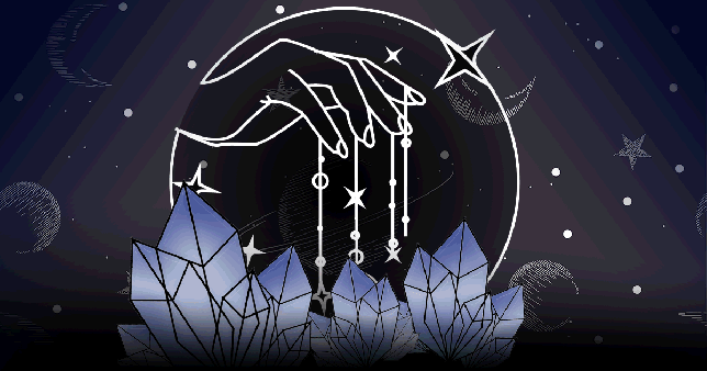 Gif shows celestial hand holding stars over crystals depicting horoscopes for today: Mo<em></em>nday September 2, 2024.